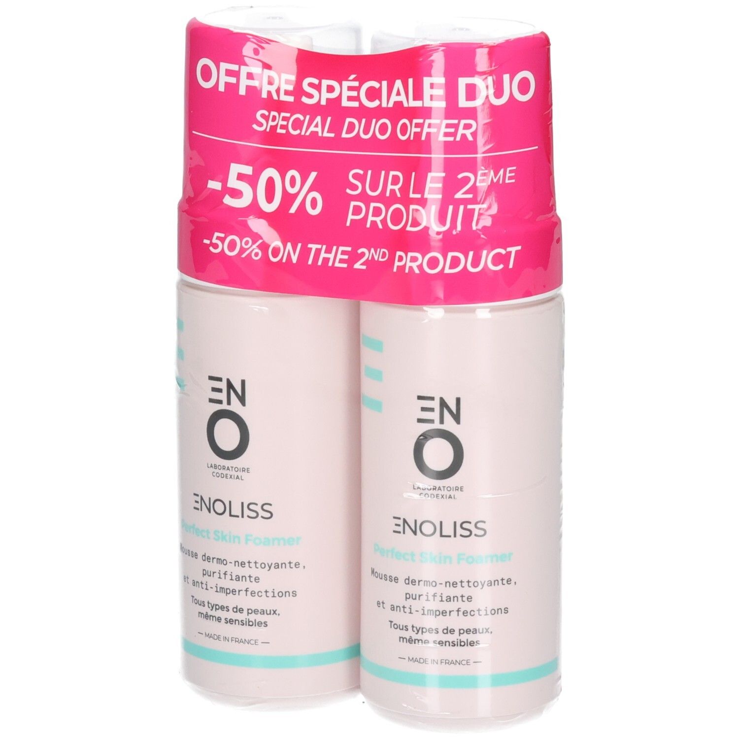 Deux flacons de Codexial Enoliss Perfect Skin Foamer en offre duo spéciale, -50% sur le 2ème produit.