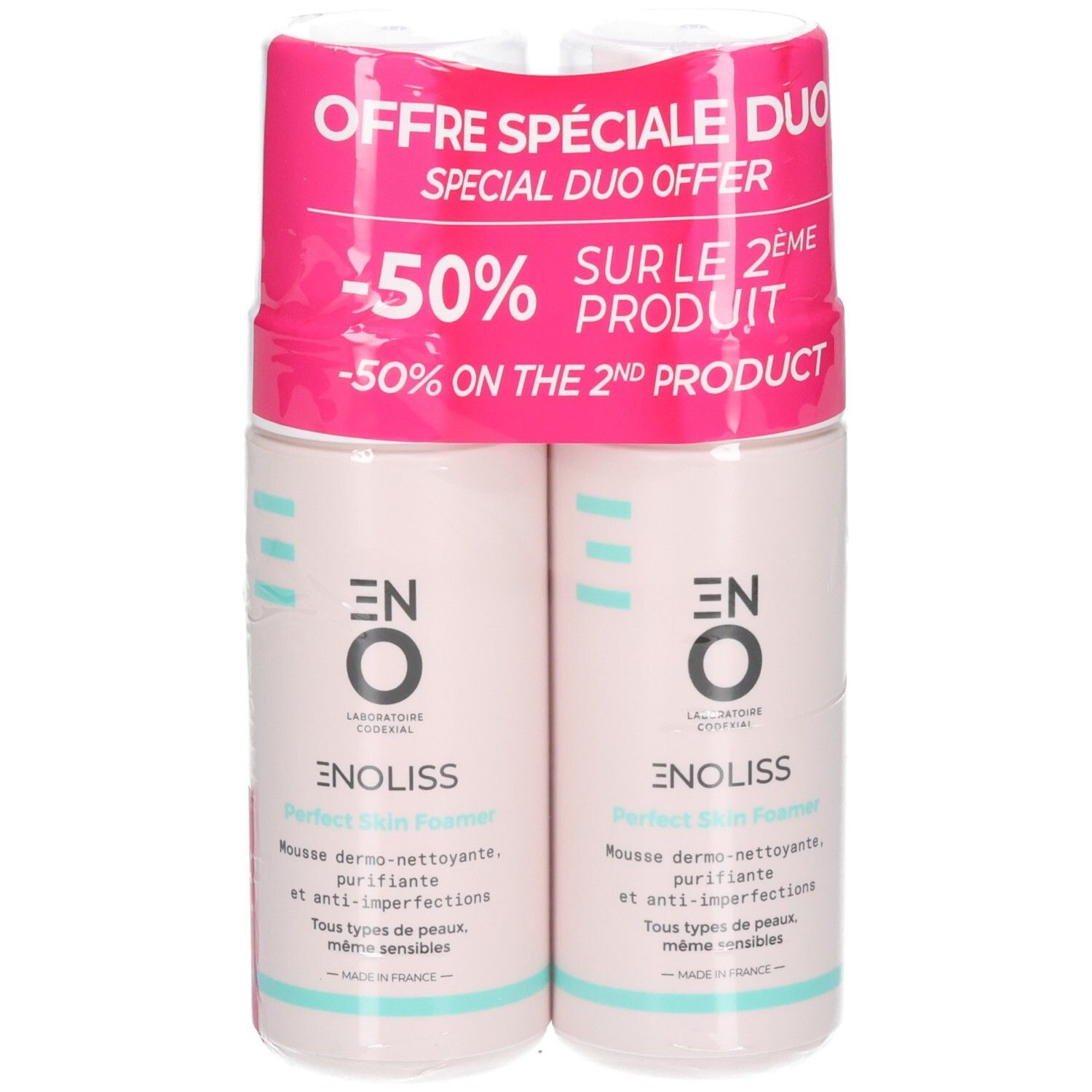 Deux flacons de Codexial Enoliss Perfect Skin Foamer en offre duo spéciale, -50% sur le 2ème produit.