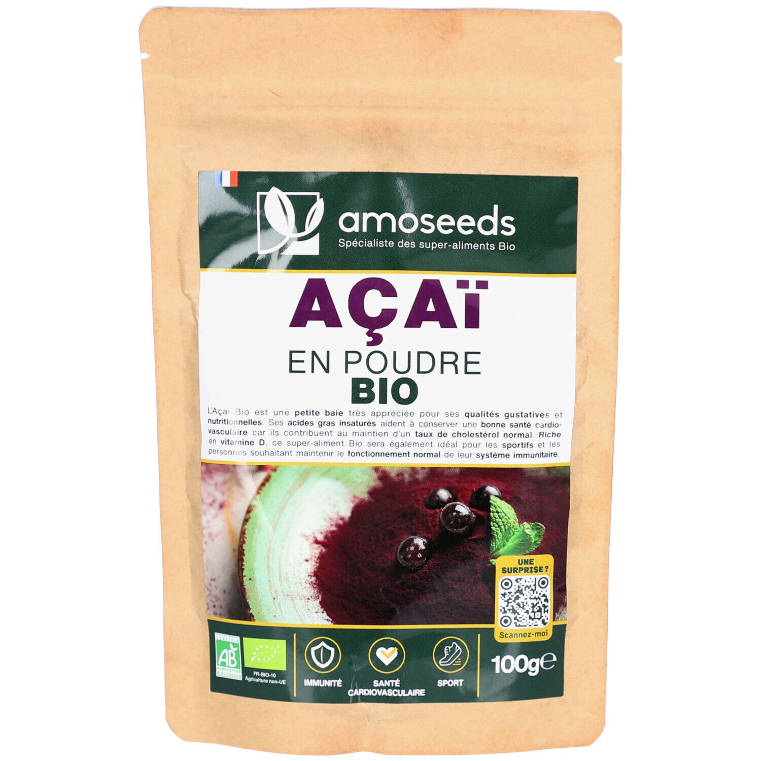 Sachet AMOSEEDS PDR ACAI BIO. Inscription : Açaï en poudre bio. Labels : AB, Santé Cardiovasculaire, Sport. 100g.