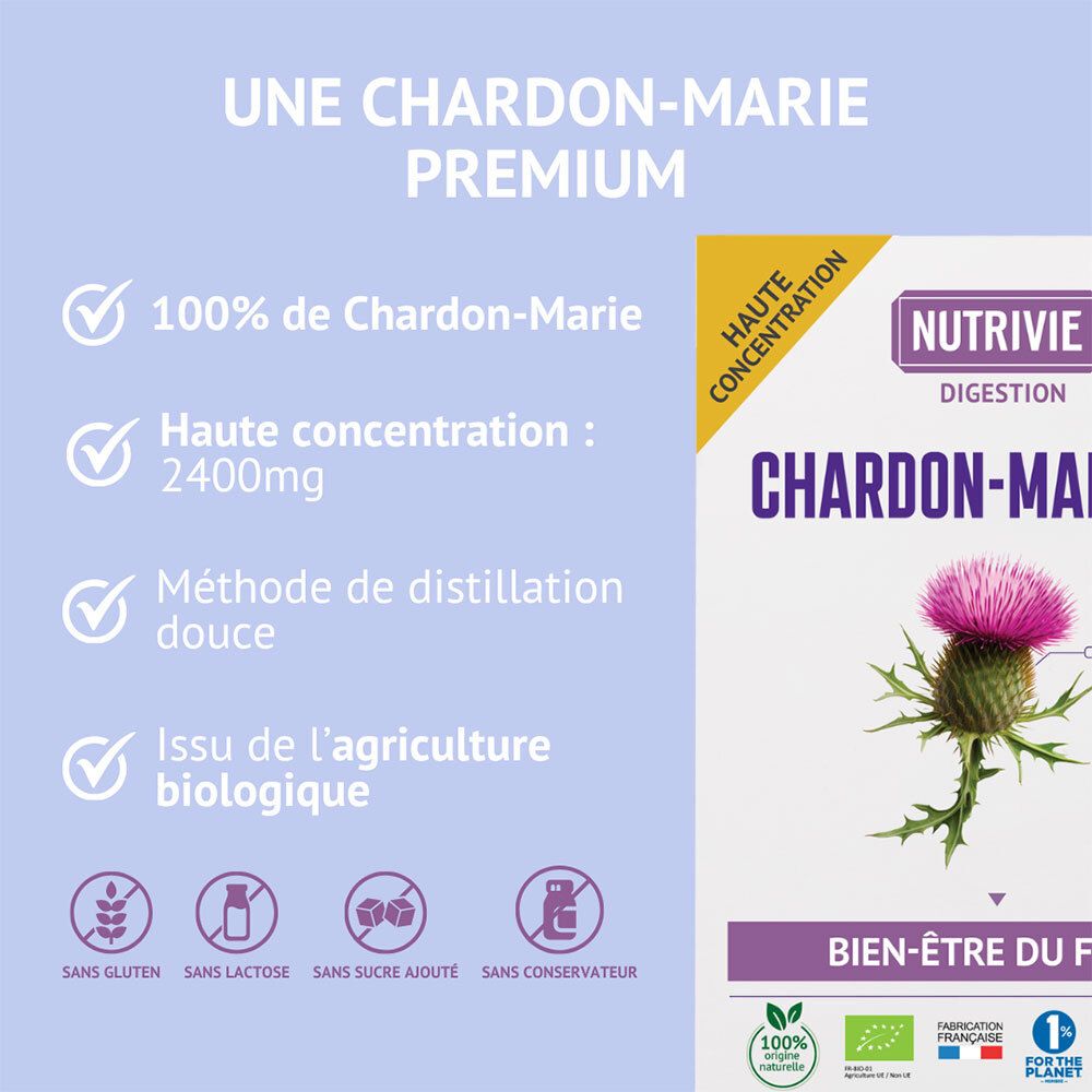 Nutrivie Chardon-Marie Bio: 100% Chardon-Marie, haute concentration 2400mg, agriculture bio.