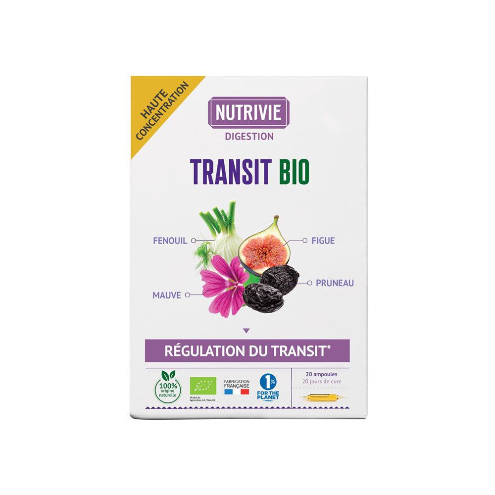 Nutrivie Transit Bio boîte avec illustration de figues, pruneaux et fenouil. 20 ampoules.