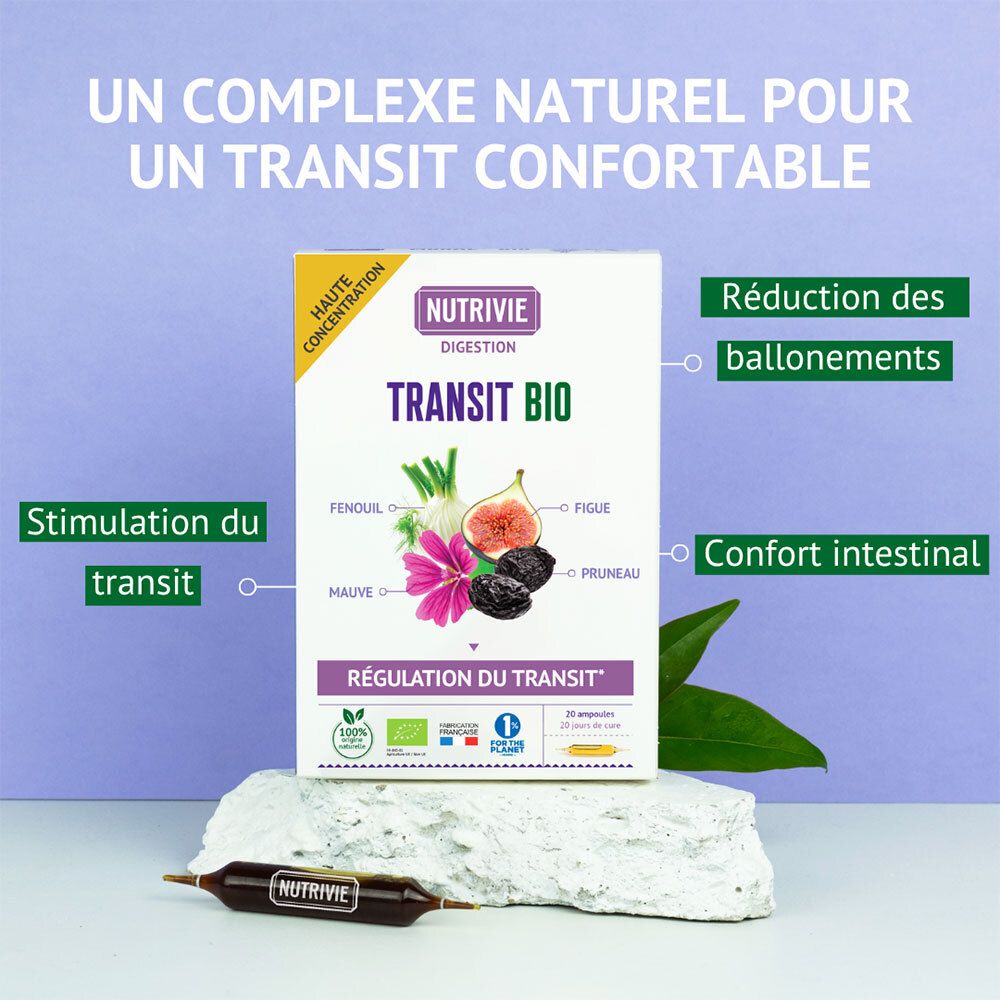 Nutrivie Transit Bio boîte sur pierre, avec une ampoule. Texte: Haute concentration, Digestion, Régulation du transit.