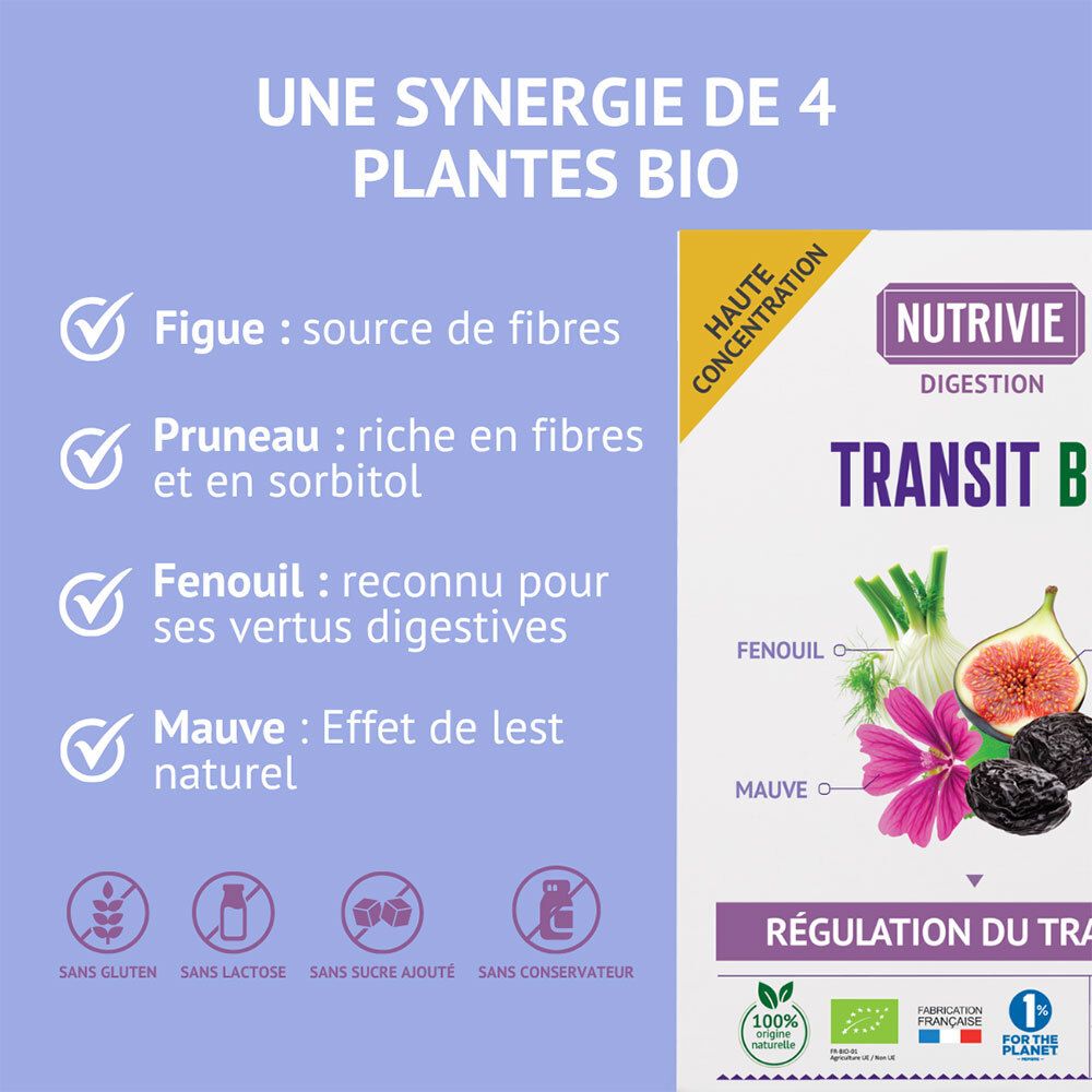 Nutrivie Transit Bio boîte avec liste des plantes bio: Figue, Pruneau, Fenouil, Mauve. Sans gluten, lactose, sucre, conservateurs.