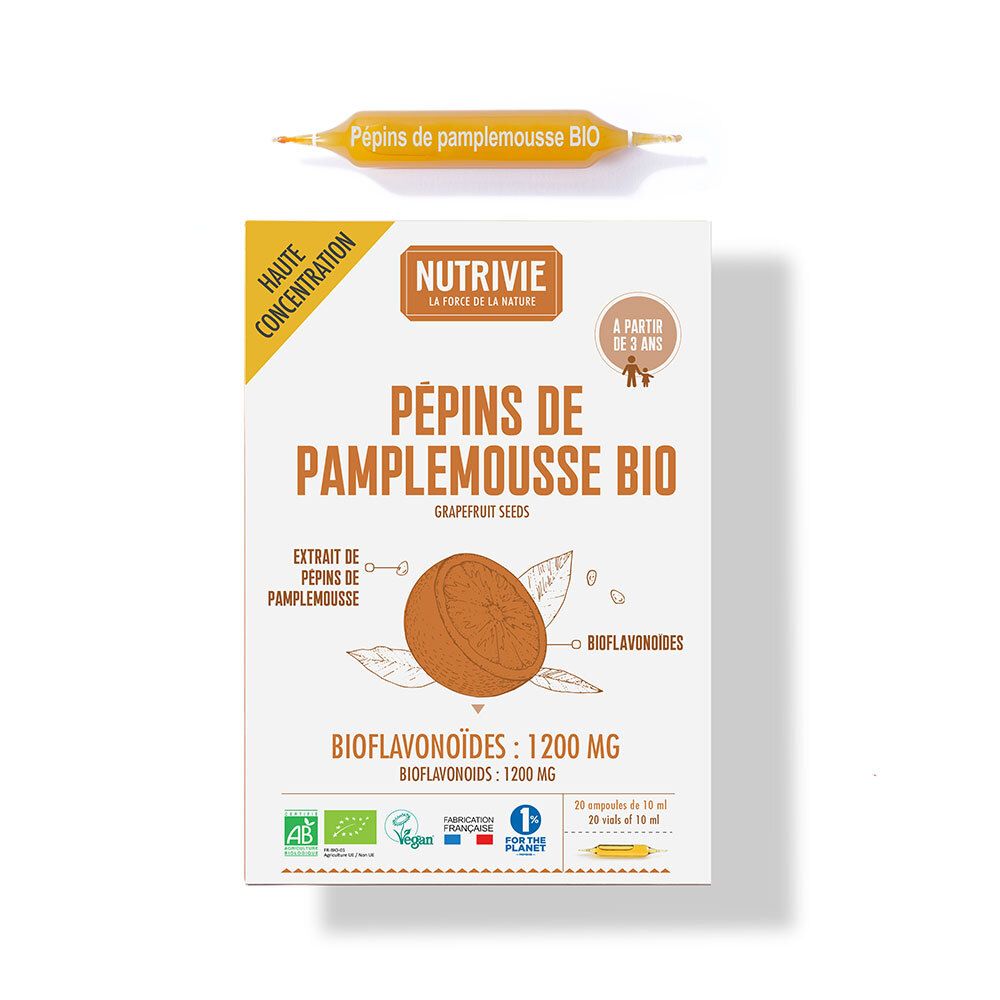 Nutrivie Pépins de Pamplemousse Bio, boîte de 20 ampoules de 10 ml. Haute concentration, 1200 mg de bioflavonoïdes.