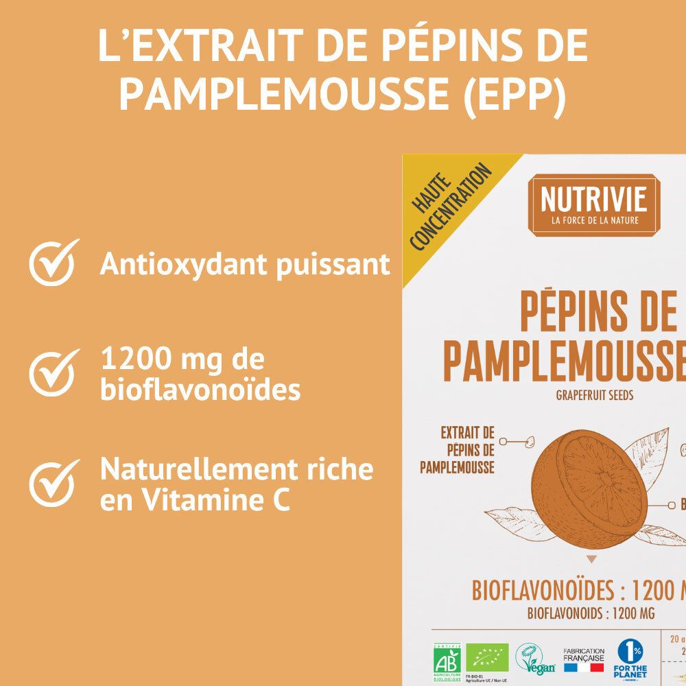 Nutrivie Pépins de Pamplemousse Bio : Antioxydant puissant, 1200 mg de bioflavonoïdes, riche en vitamine C.