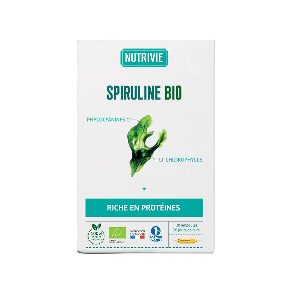 Nutrivie Spiruline Bio, boîte de 20 ampoules, riche en protéines.