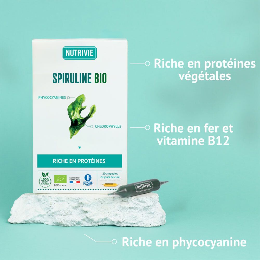 Nutrivie Spiruline Bio, boîte et ampoule, riche en protéines, fer et vitamine B12.