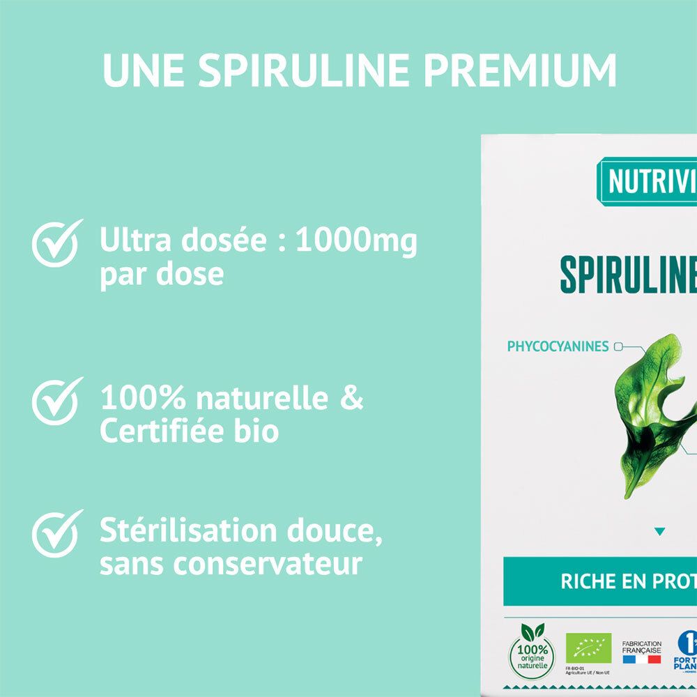 Nutrivie Spiruline Bio: 1000mg par dose, 100% naturel, certifié bio.