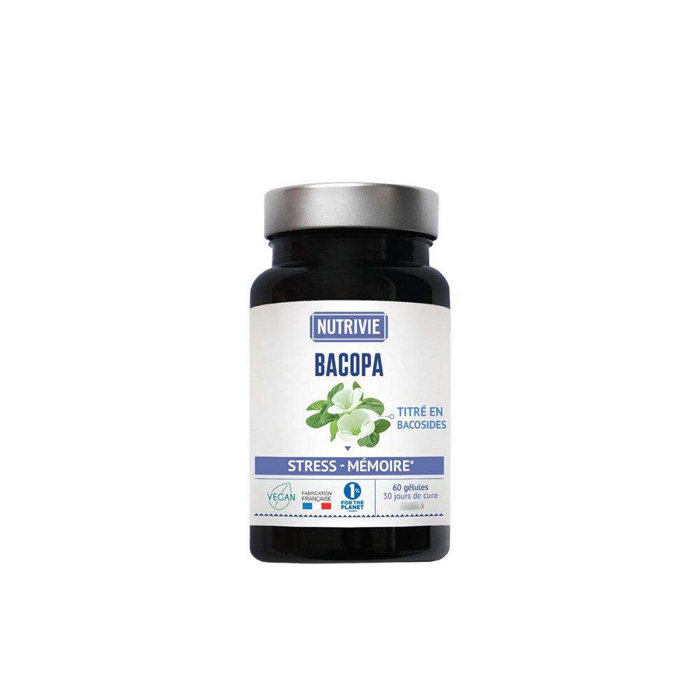 Flacon Nutrivie Bacopa avec bouchon argenté et étiquette illustrant une plante.