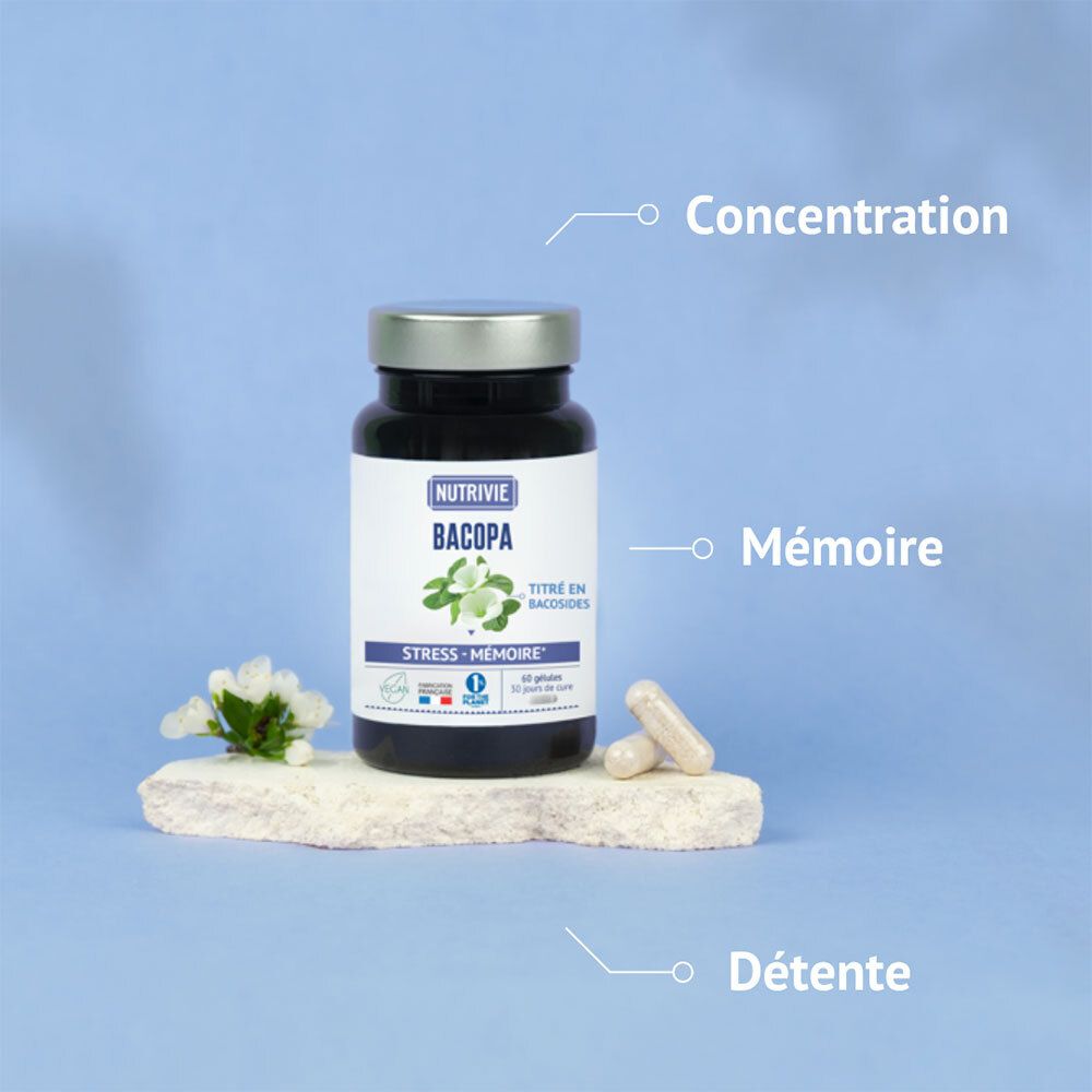 Flacon Nutrivie Bacopa sur pierre, avec deux gélules et texte sur la concentration et la détente.