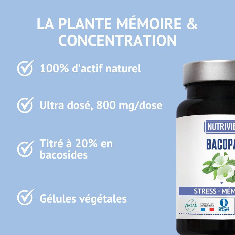 Flacon Nutrivie Bacopa avec étiquette mettant en avant les bénéfices : 100% actif naturel, 800 mg par dose.