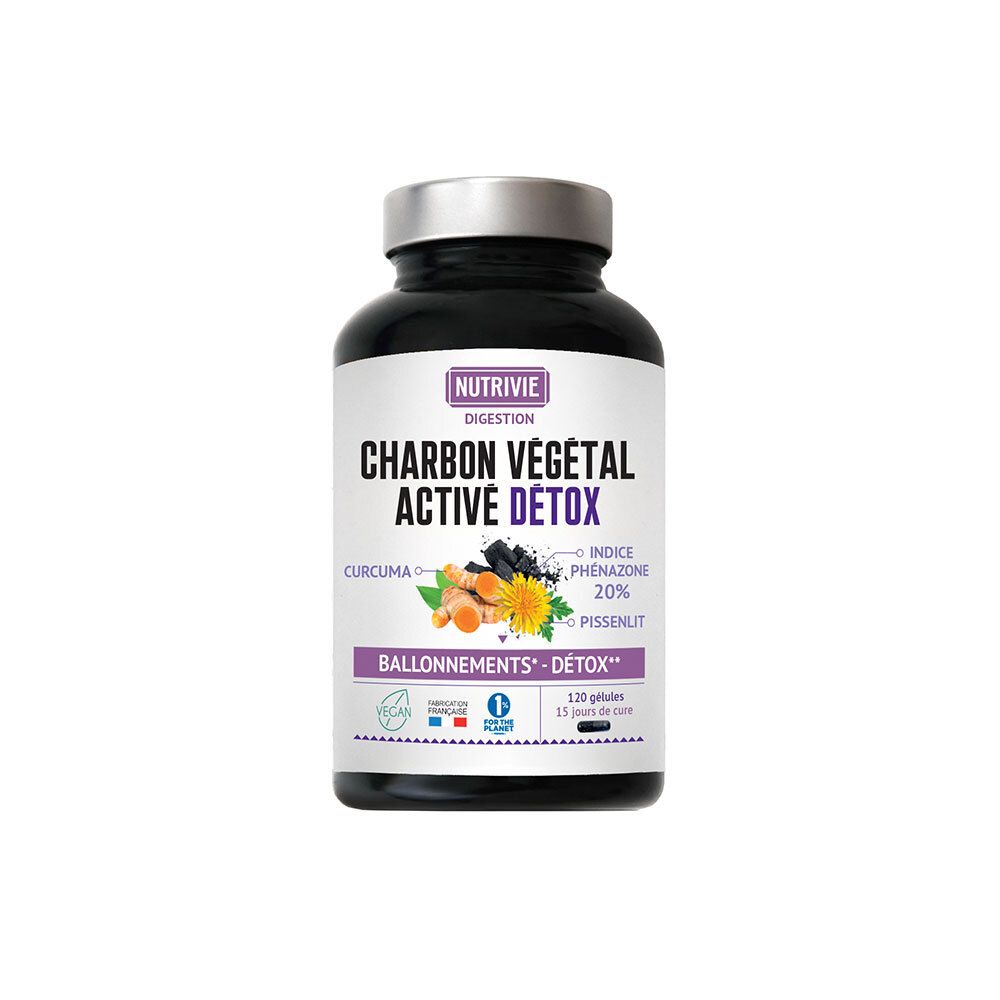 Flacon NUTRIVIE CHARBON VÉGÉTAL ACTIVE DÉTOX avec étiquette montrant des plantes et du charbon.