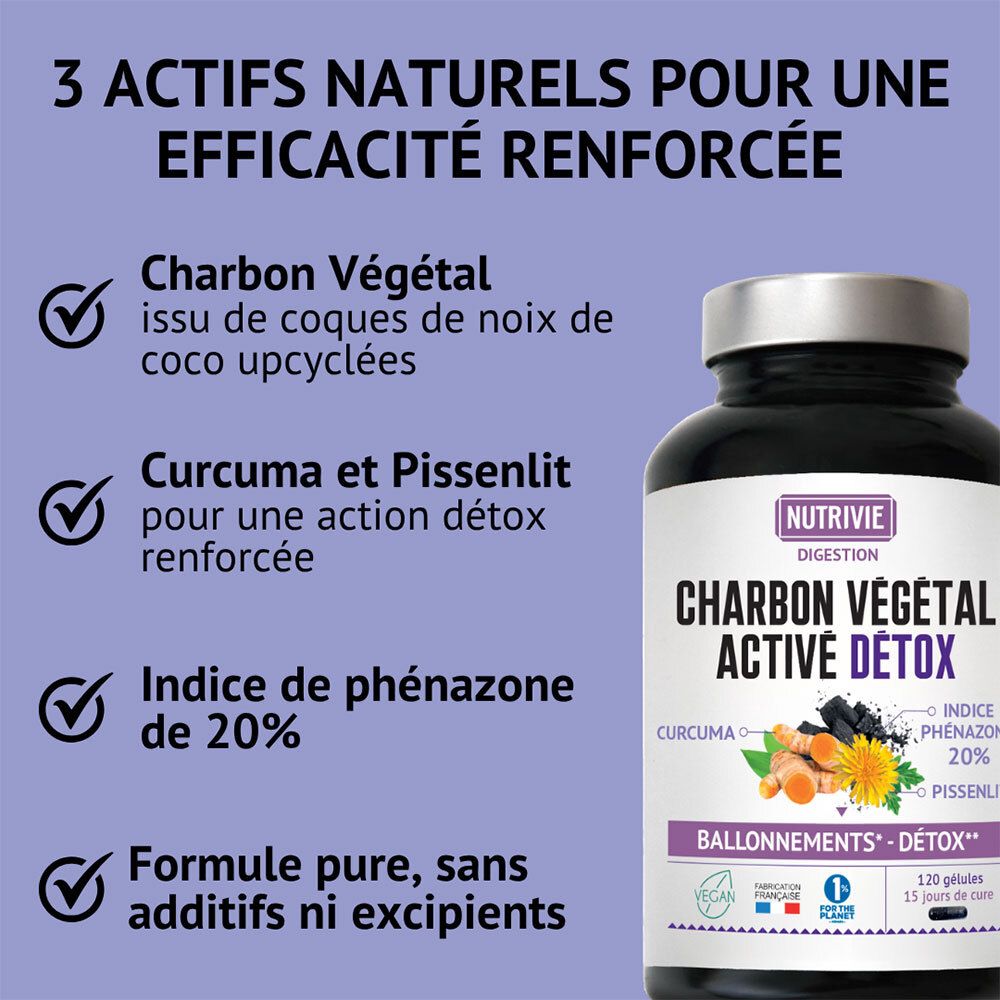 Flacon NUTRIVIE CHARBON VÉGÉTAL ACTIVE DÉTOX avec étiquette, à côté d'une liste de 3 actifs naturels.
