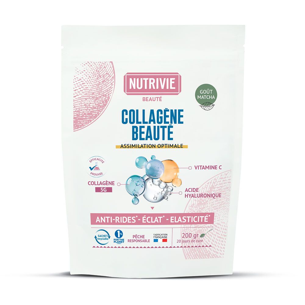Nutrivie Collagène Beauté sachet 200g goût matcha. Contient collagène, vitamine C et acide hyaluronique.
