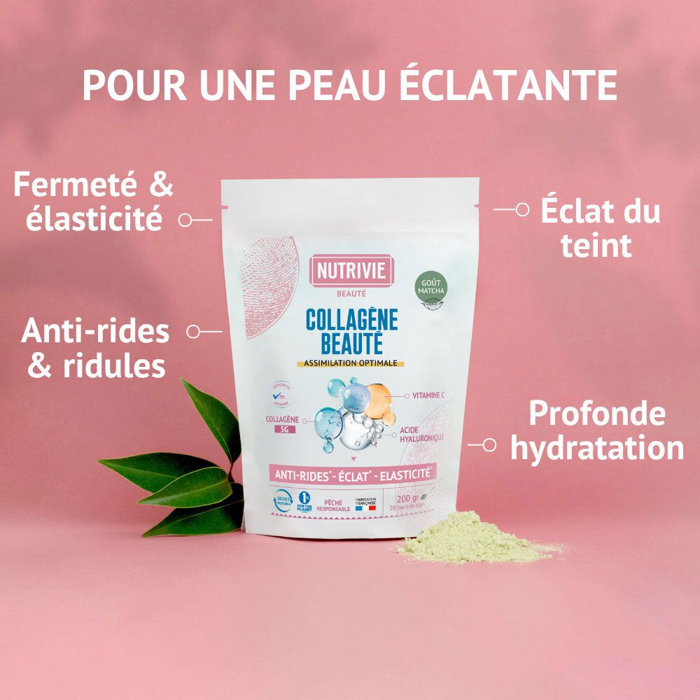 Nutrivie Collagène Beauté sachet 200g. Pour une peau éclatante, ferme et hydratée. Contient collagène, vitamine C, acide hyaluronique.