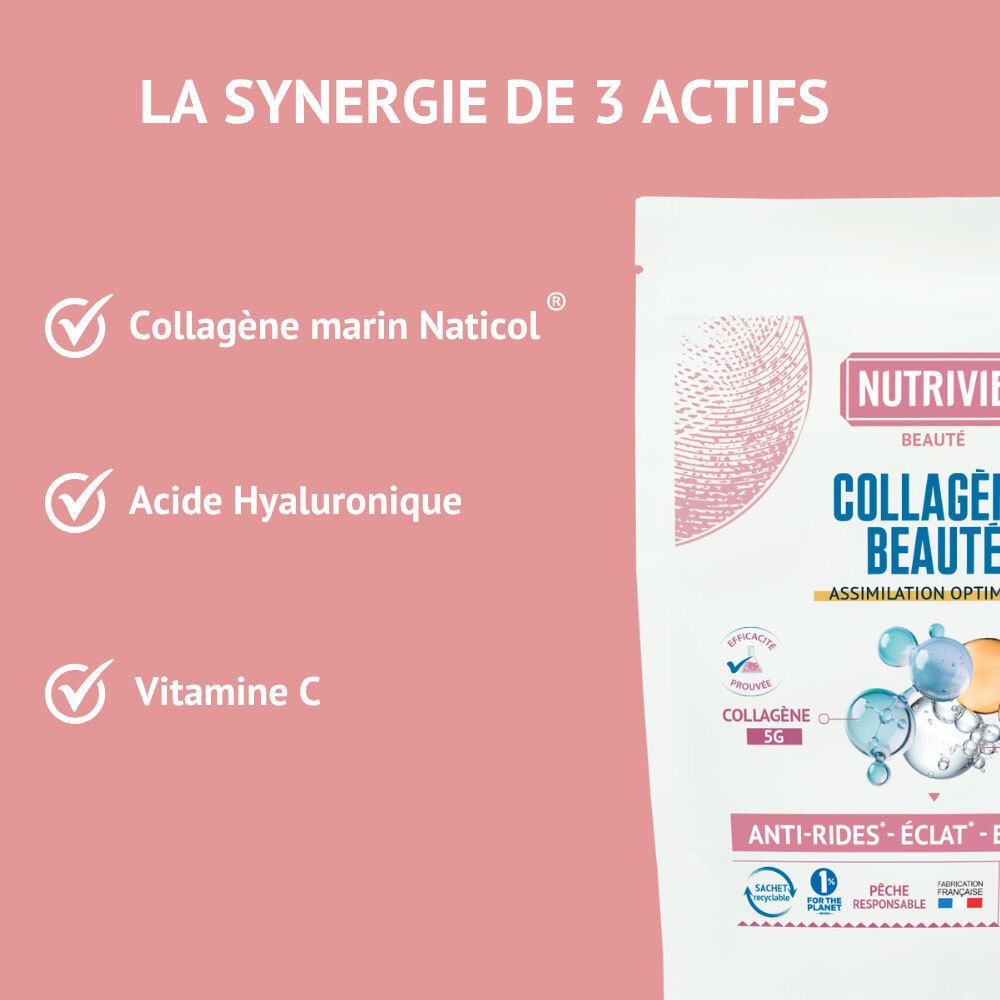 Nutrivie Collagène Beauté: Synergie de collagène marin, acide hyaluronique et vitamine C. Sachet 200g.