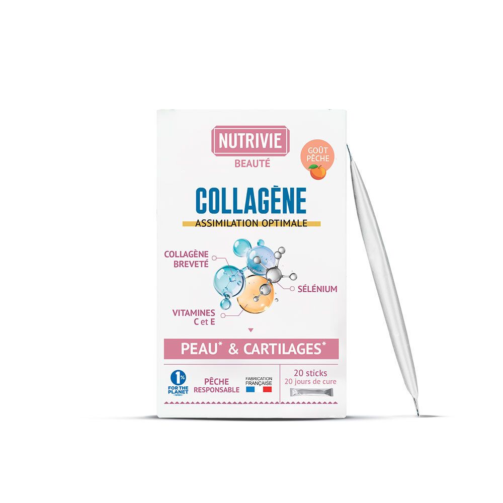 Nutrivie Collagène: 20 sticks goût pêche pour peau et cartilages. Assimilation optimale.