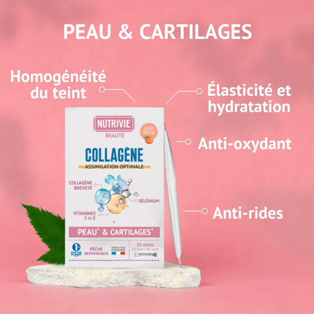 Nutrivie Collagène: 20 sticks. Pour peau et cartilages. Bénéfices: teint, élasticité, anti-oxydant, anti-rides.