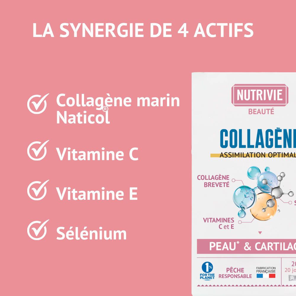 Nutrivie Collagène: 4 actifs: Collagène, Vitamine C, Vitamine E, Sélénium. Pour peau et cartilages.