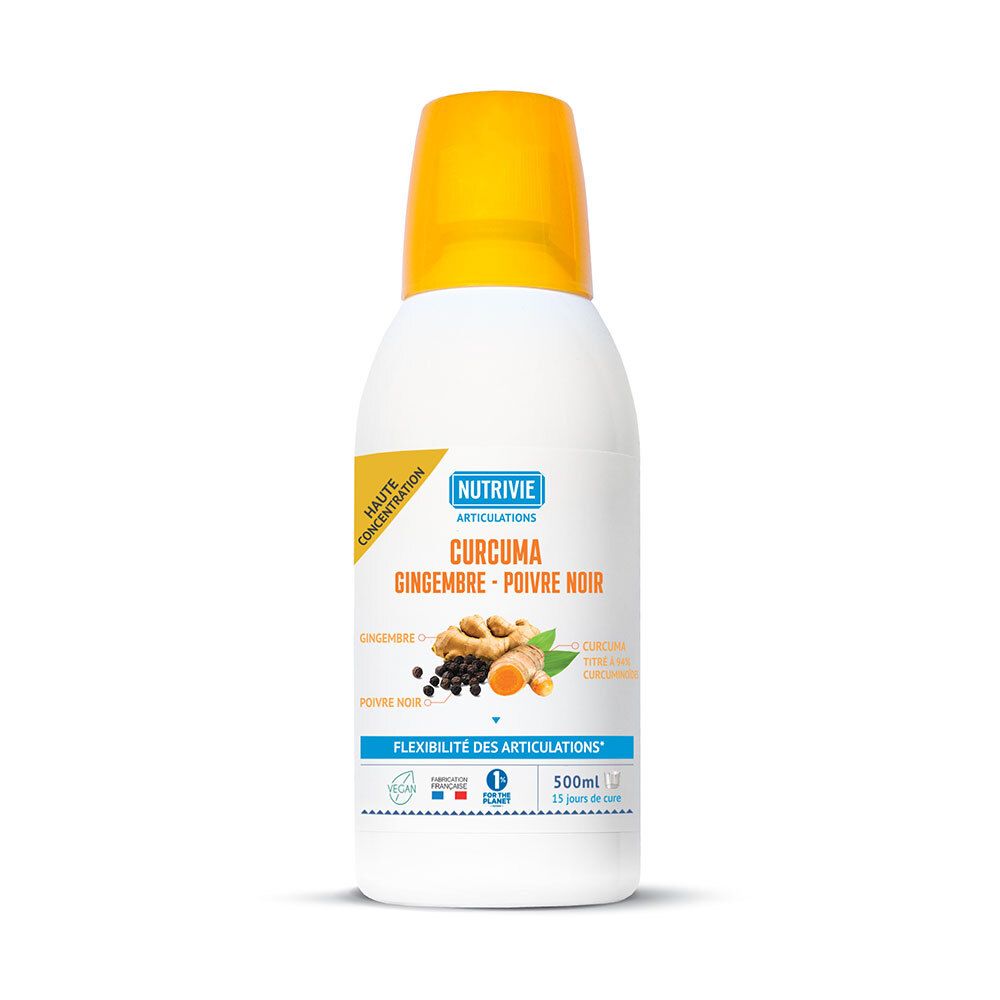 Bouteille blanche avec bouchon jaune, NUTRIVIE CURCUMA GINGEMBRE-POIVRE NOIR 500ML.