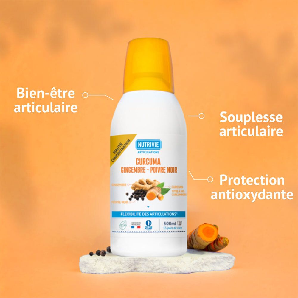 Bouteille blanche avec bouchon jaune, NUTRIVIE CURCUMA GINGEMBRE-POIVRE NOIR 500ML, avec curcuma et gingembre.