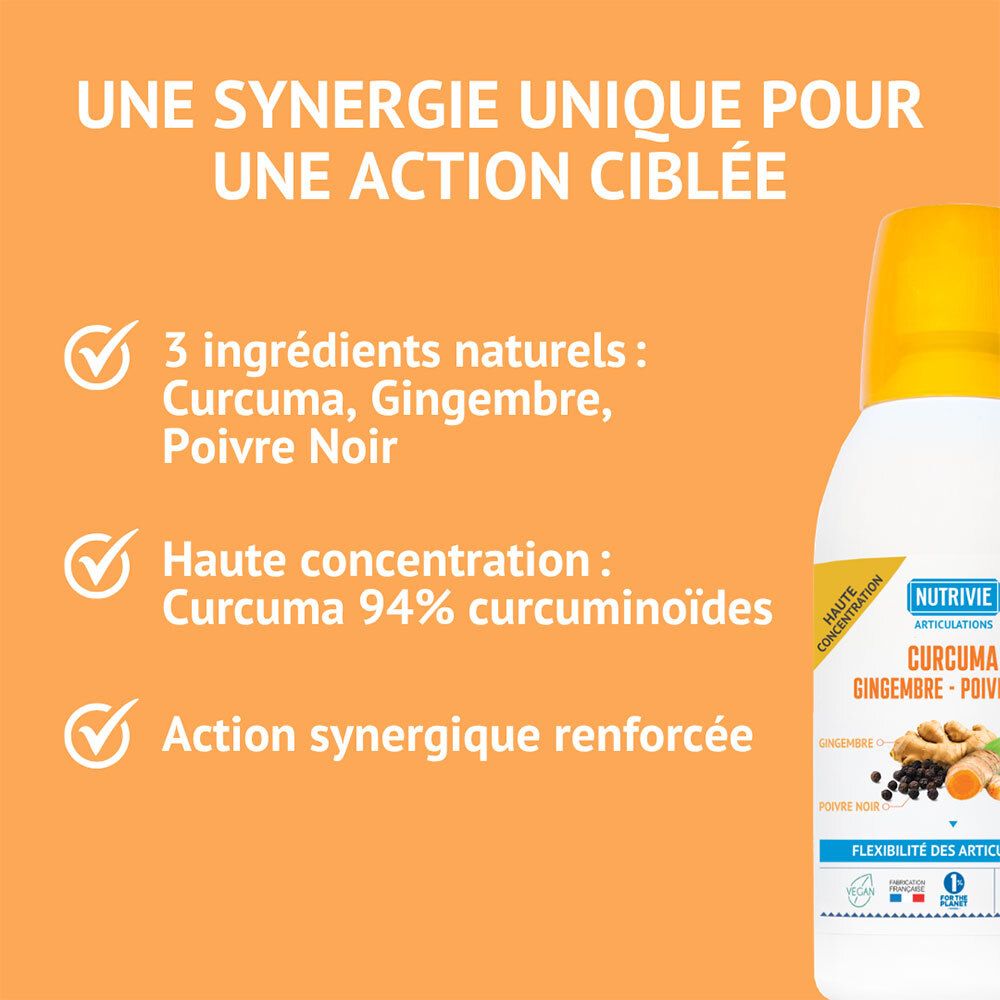 Bouteille blanche avec bouchon jaune, NUTRIVIE CURCUMA GINGEMBRE-POIVRE NOIR 500ML, avec curcuma, gingembre et poivre noir.