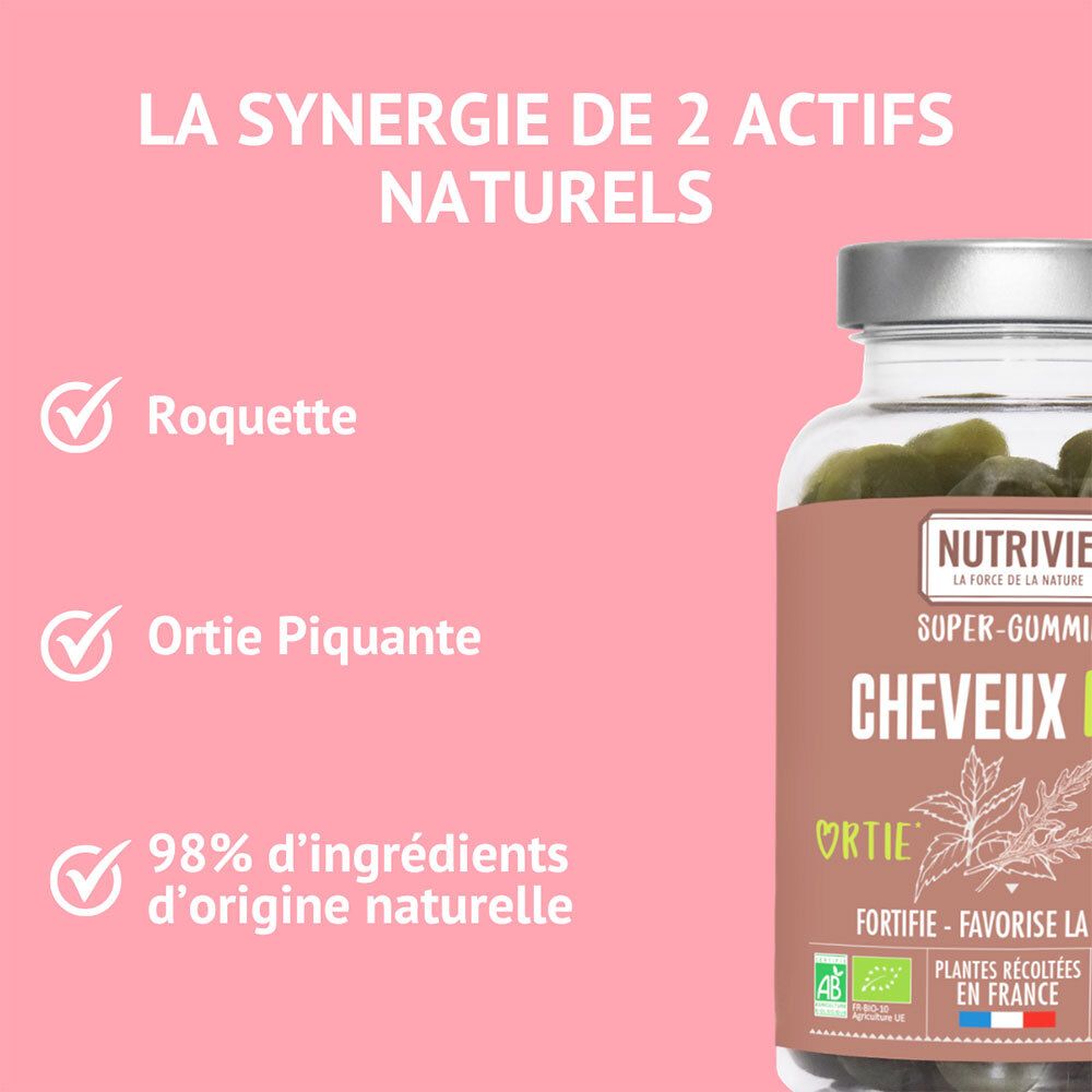 Nutrivie Cheveux Bio: Liste des ingrédients avec coches : Roquette, Ortie piquante, 98% d'ingrédients d'origine naturelle.