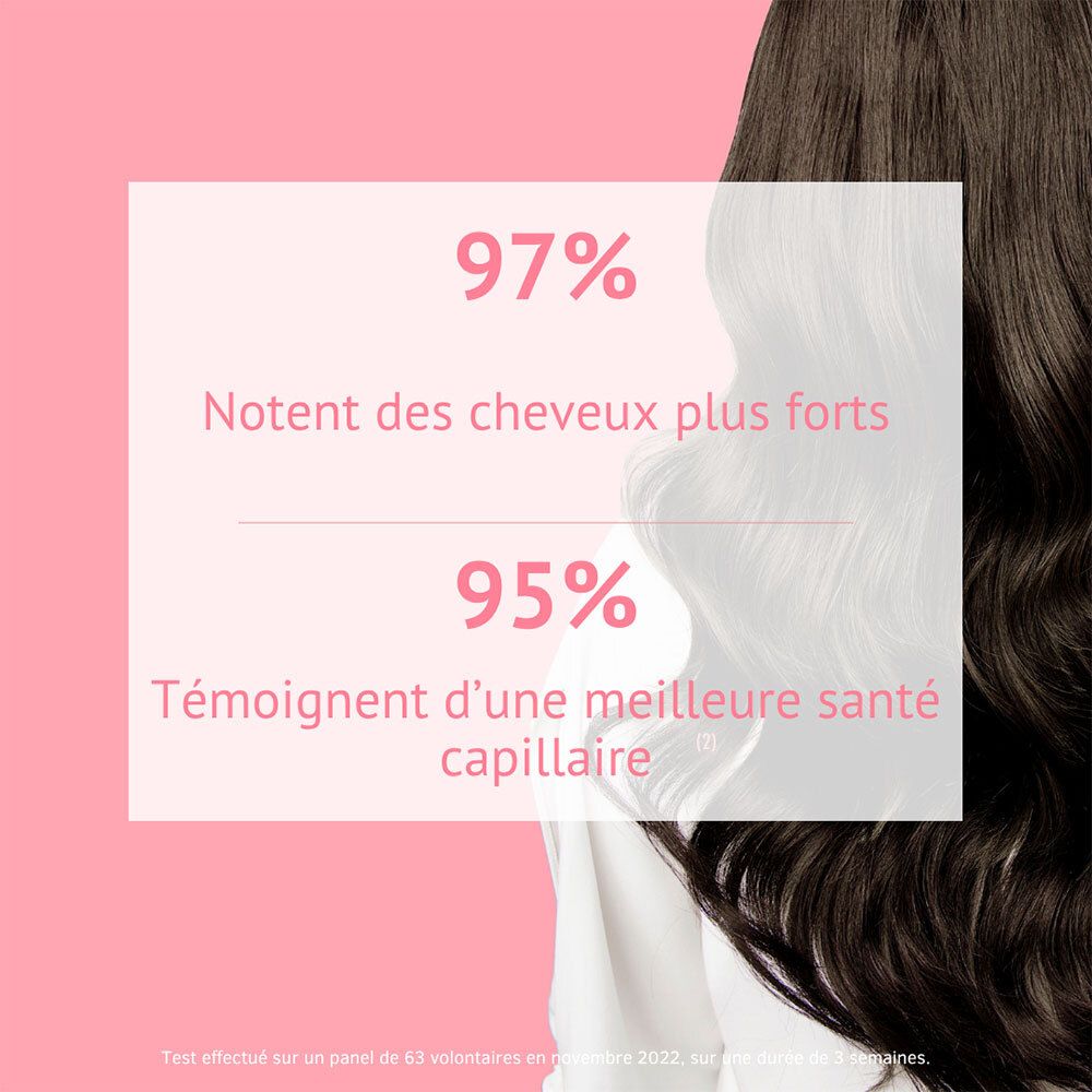 Nutrivie Cheveux Bio: Pourcentages 97% et 95% sur fond d'une femme aux cheveux longs.