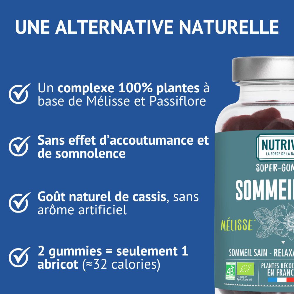 Nutrivie Sommeil Bio Gummies : gros plan sur un flacon en verre de gummies foncés, liste des avantages et ingrédients.