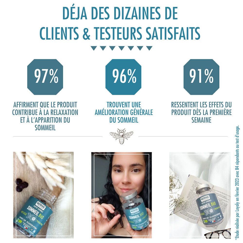 Nutrivie Sommeil Bio Gummies : collage avec satisfaction client, photos produit et témoignages.