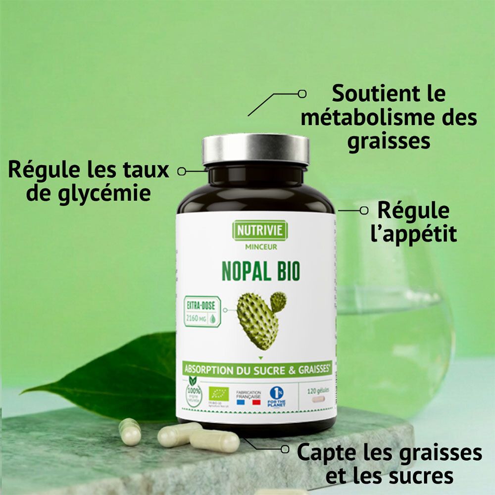 Gélules Nutrivie Nopal Bio : Flacon, gélules, feuille et texte sur le métabolisme des graisses.