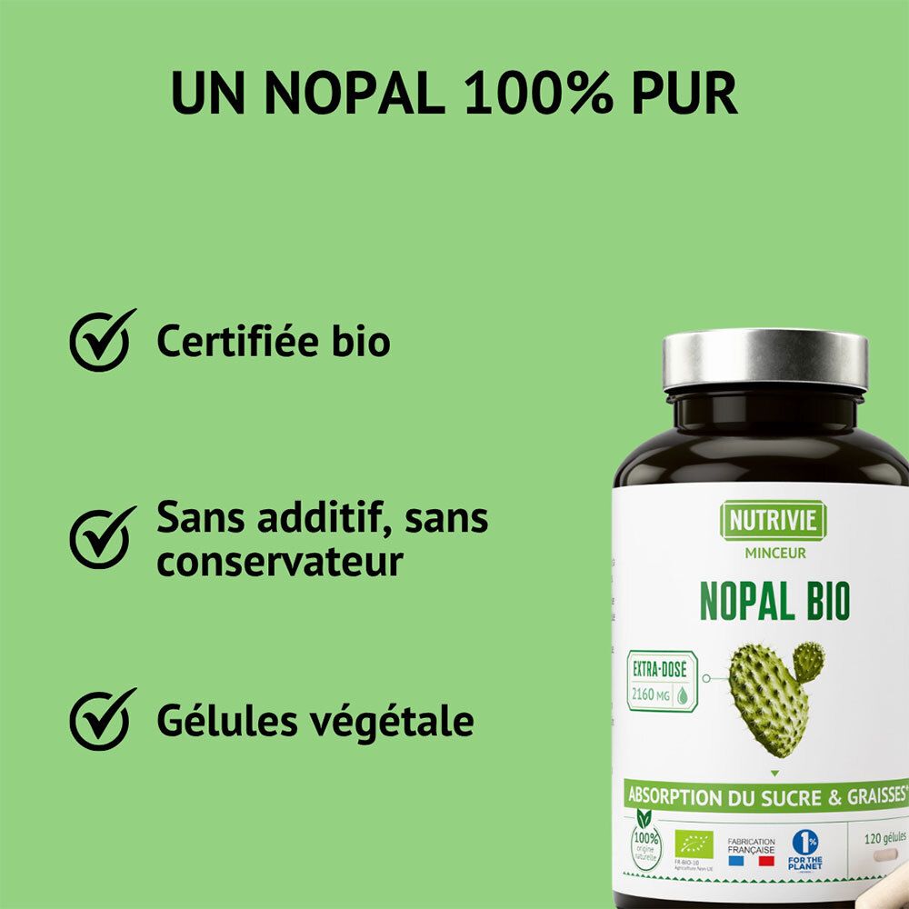 Gélules Nutrivie Nopal Bio : Flacon avec étiquette, texte sur certification bio et gélules végétales.