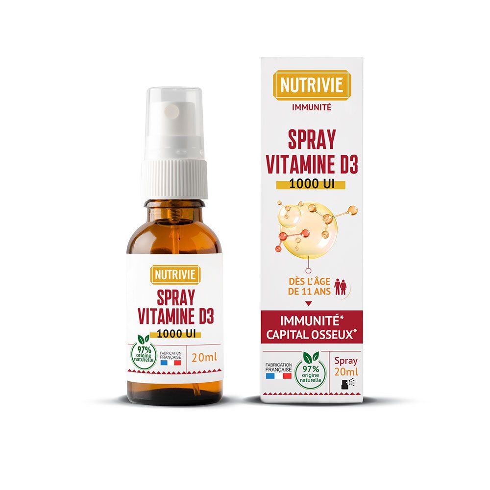 Nutrivie Spray Vitamine D3 1000 UI, 20ml. Flacon en verre brun avec pompe spray et boîte.