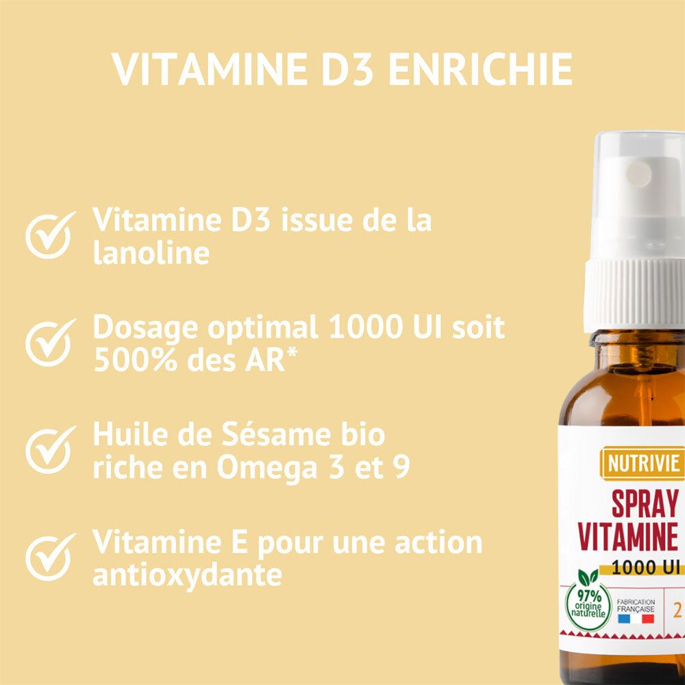 Nutrivie Spray Vitamine D3 1000 UI, 20ml. Gros plan sur le flacon et la boîte.