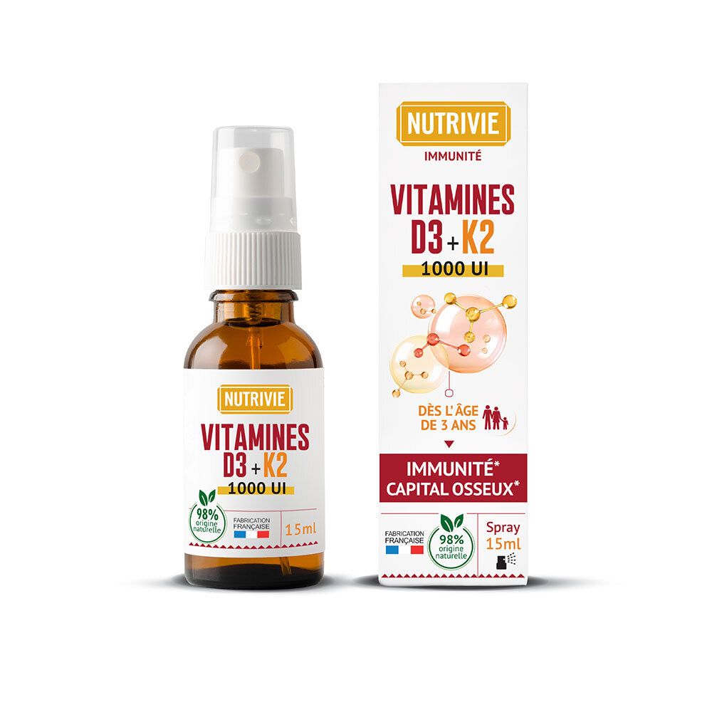 Flacon spray ambré Vitamines D3+K2 1000 UI et sa boîte.