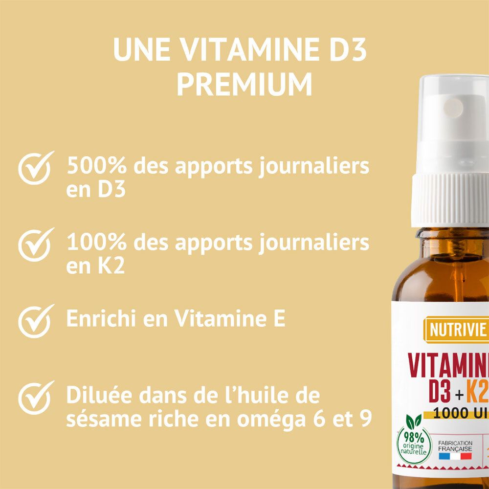 Flacon Vitamines D3+K2 1000 UI à côté de texte sur Vitamine D3 premium, 500% D3, 100% K2.