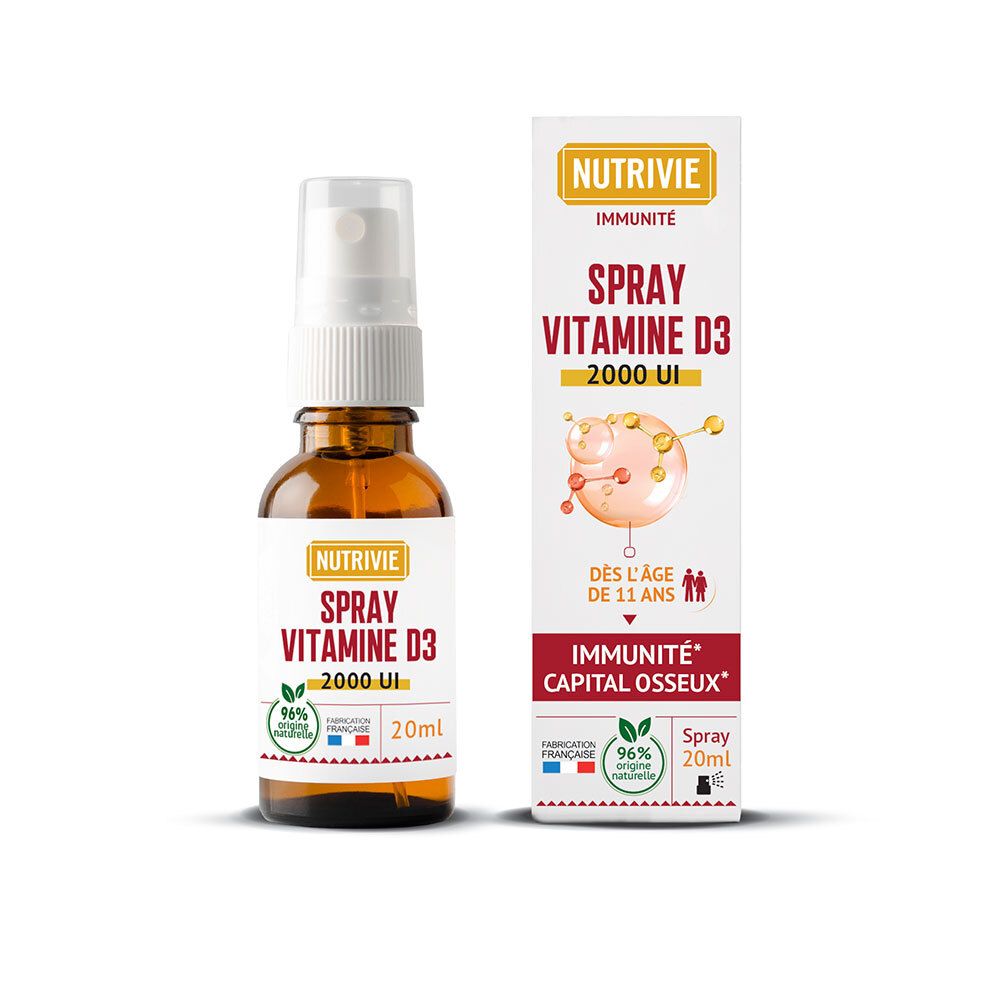 Flacon pulvérisateur en verre ambré et sa boîte pour Spray Vitamine D3 2000 UI.