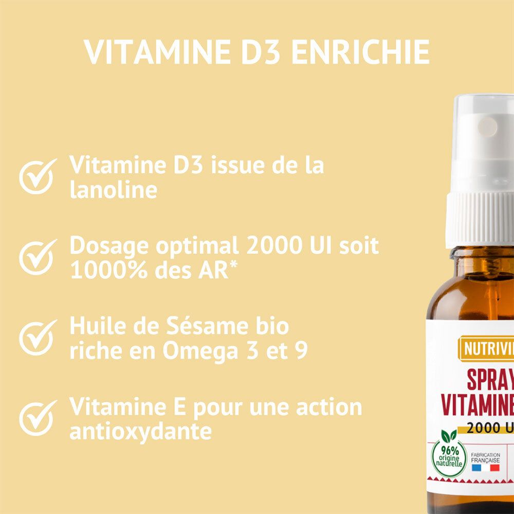 Flacon de Spray Vitamine D3 2000 UI, détails des ingrédients et dosage sur l'emballage.
