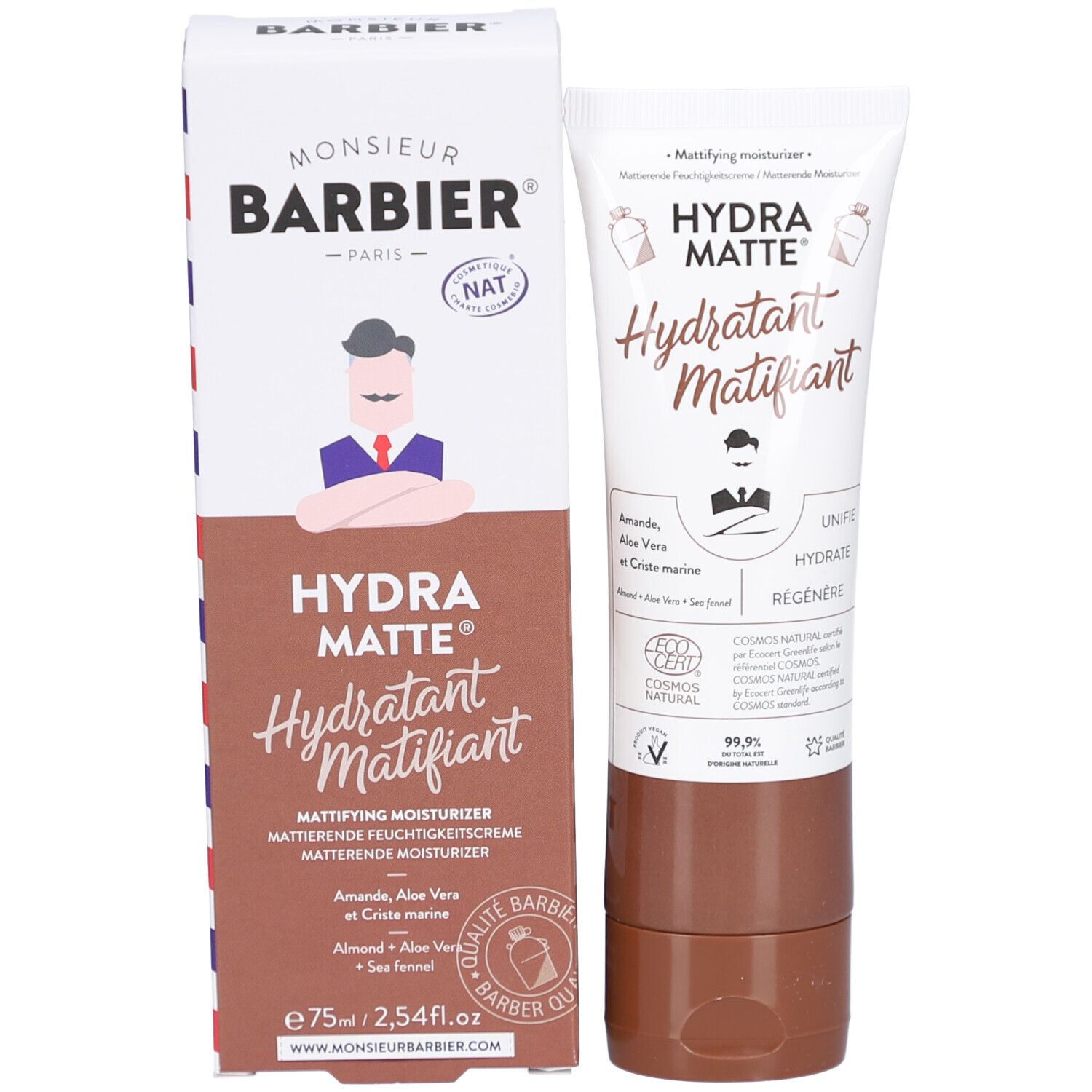 Produit et emballage. Tube et carton blancs. Inscription: Hydra Matte, Hydratant Matifiant. Contient amande, aloe vera et criste marine.