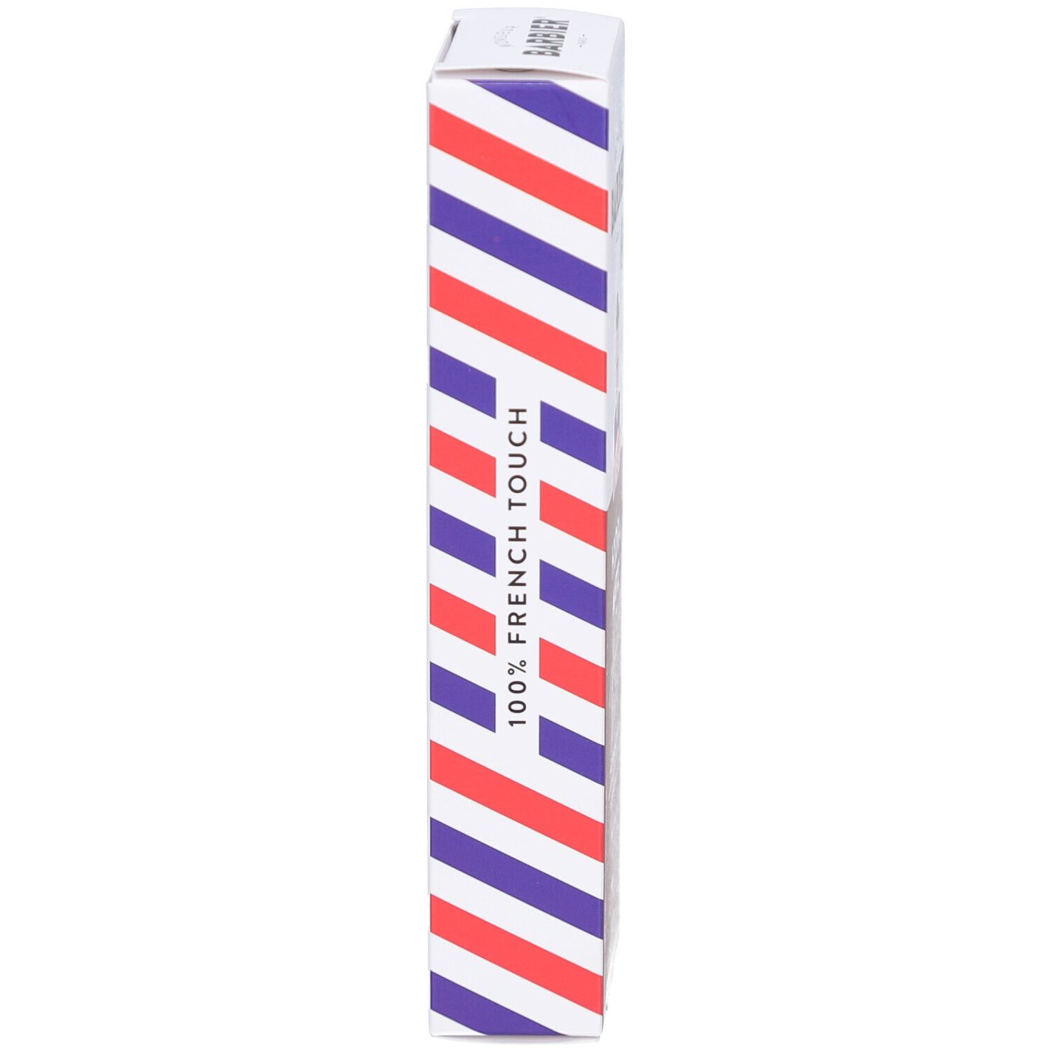 Vue latérale de l'emballage en carton. Rayures rouges, blanches et bleues. Inscription: 100% French Touch.
