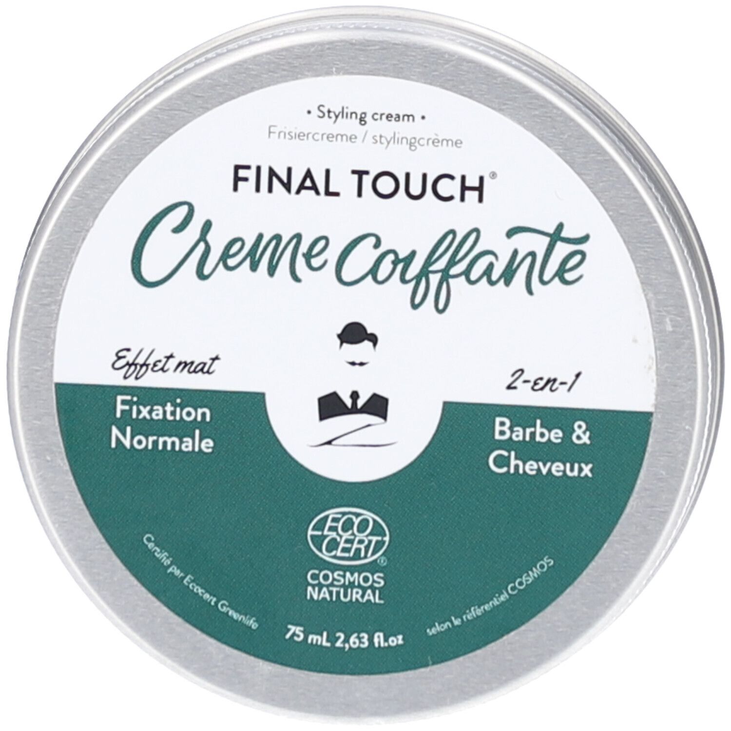 Boîte ronde avec couvercle. Inscription: FINAL TOUCH Creme Coiffante. Fixation Normale. Label ECOCERT. 75 ml.