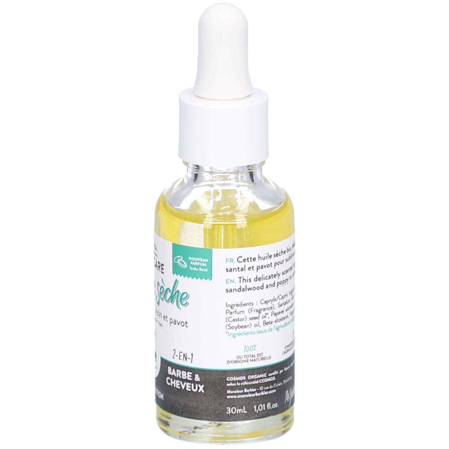 Flacon en verre avec huile jaune et pipette. Étiquette avec nom du produit, ingrédients et label bio.