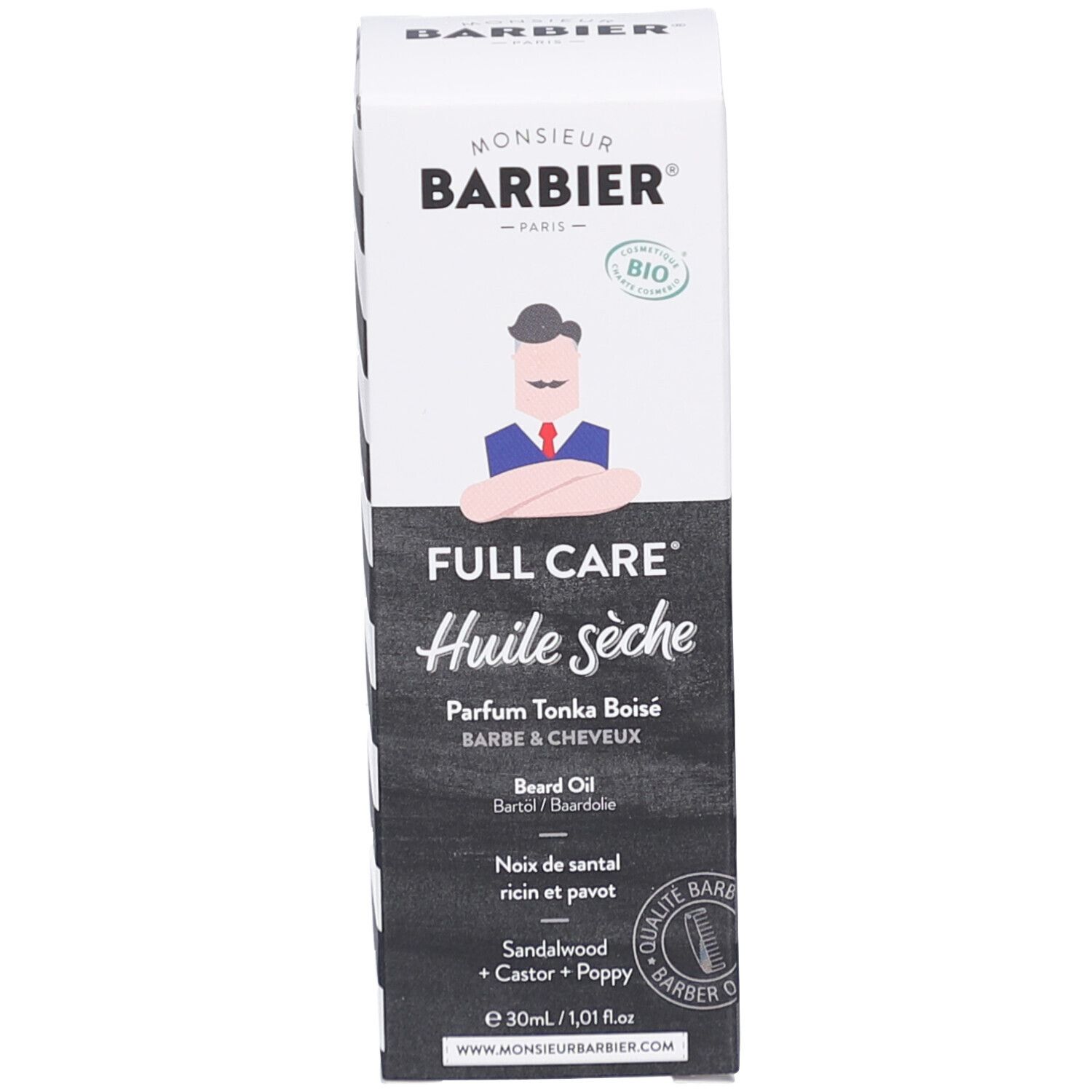 Emballage du produit. Boîte blanche avec logo, nom du produit et informations.