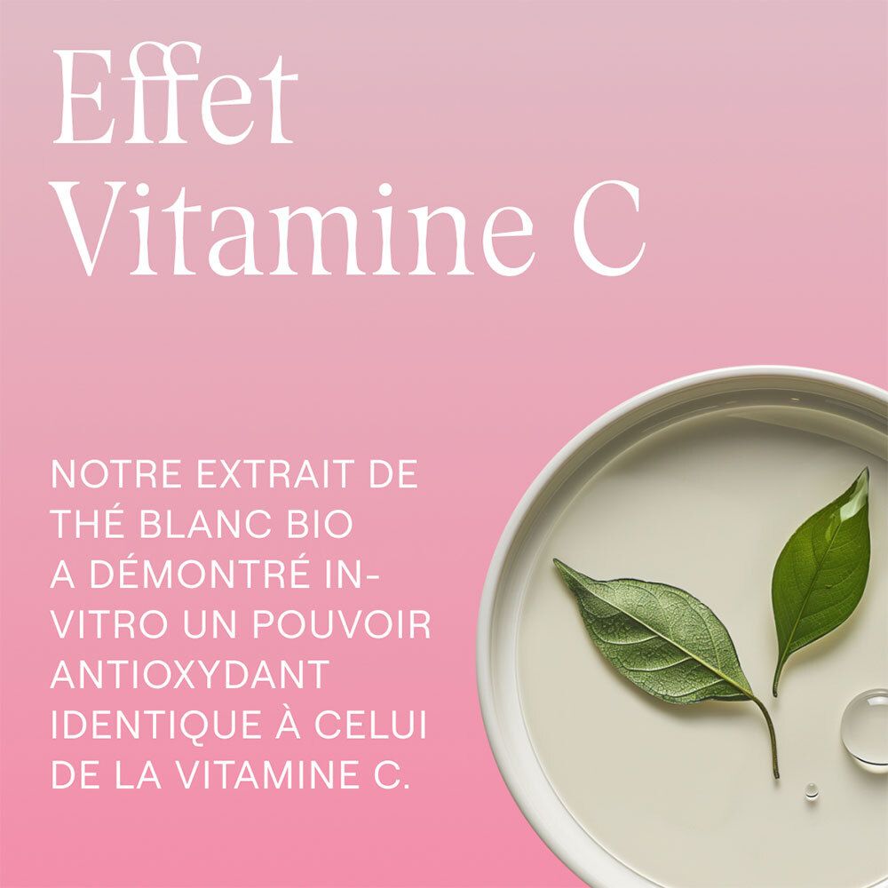 Assiette blanche avec deux feuilles de thé vert. Texte: Effet Vitamine C. Extrait de thé blanc bio a un pouvoir antioxydant.