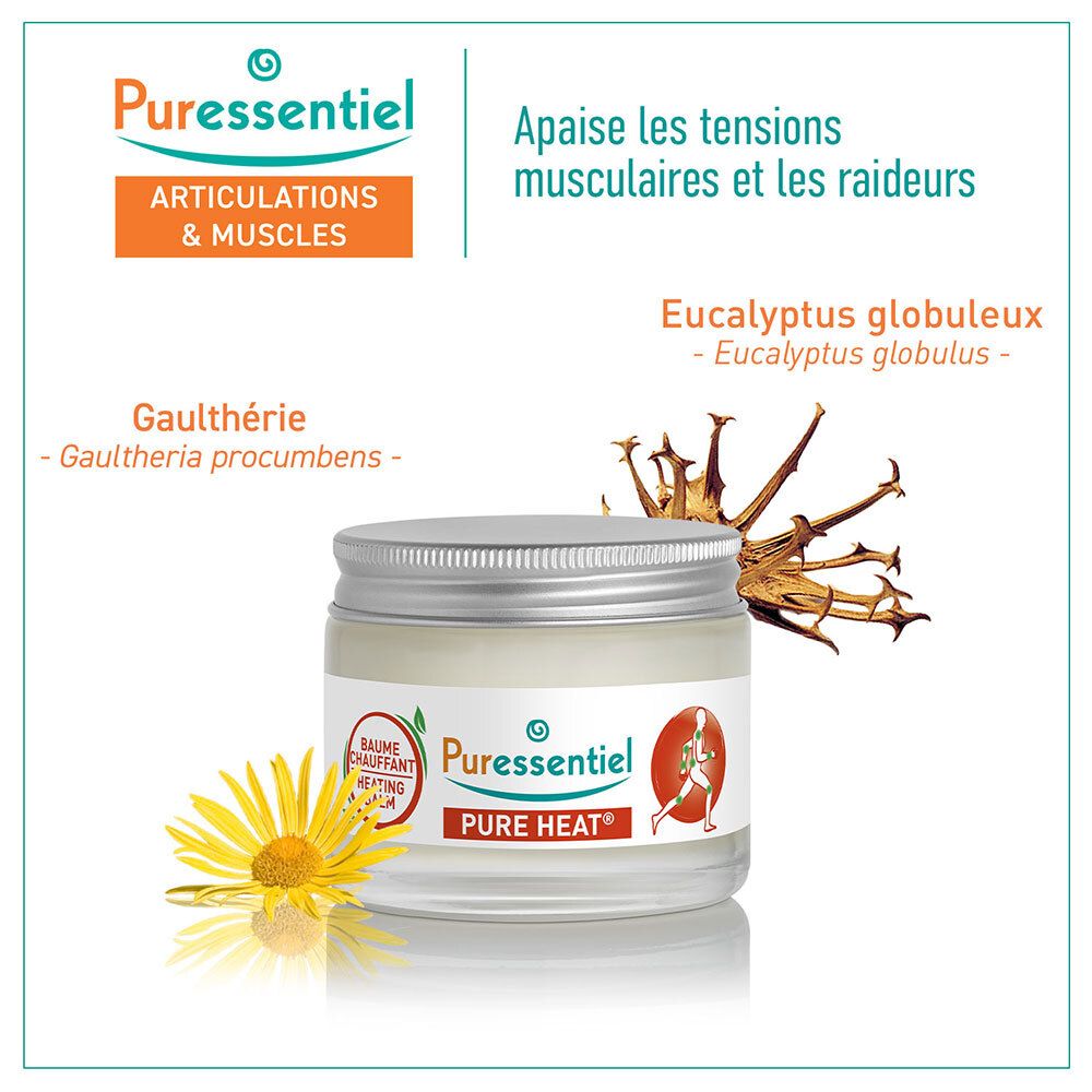 Puressentiel Baume Chauffant avec eucalyptus et gaulthérie. Apaise les tensions musculaires.