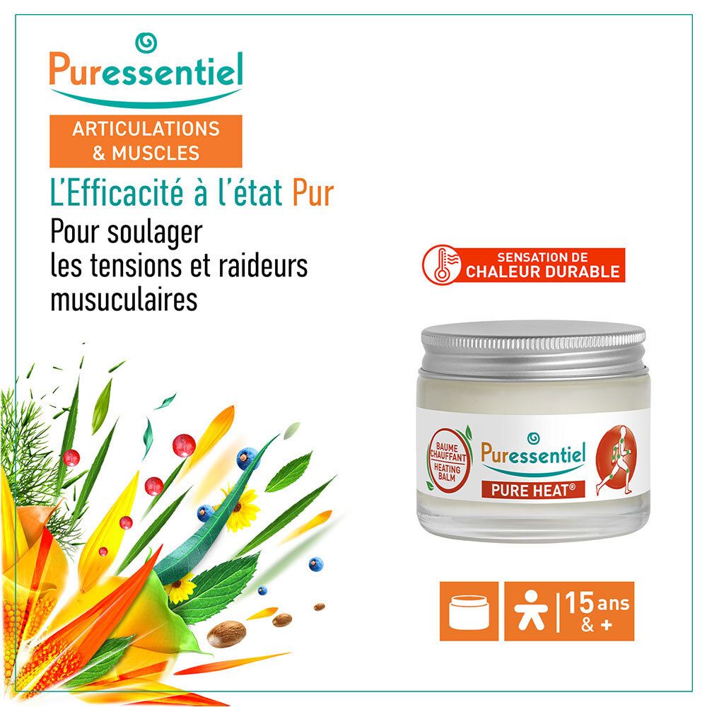 Puressentiel Baume Chauffant: Pot et illustration végétale. Pour articulations et muscles.