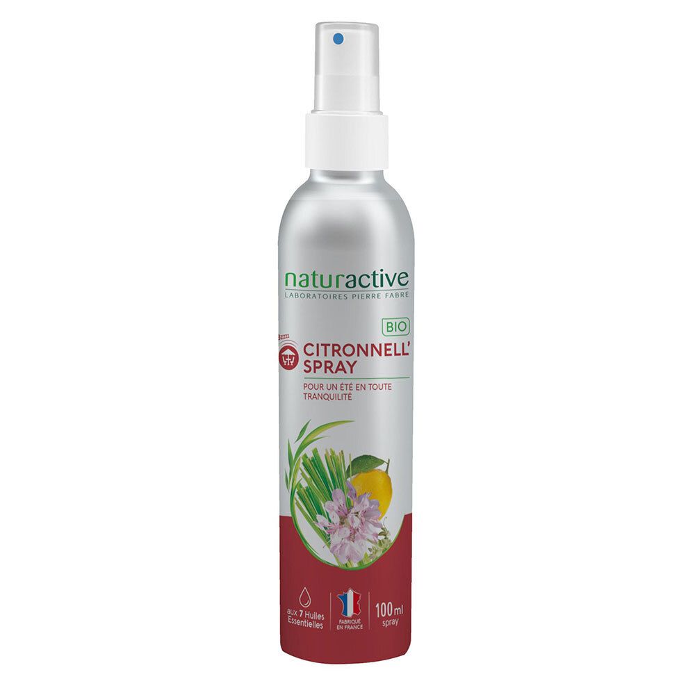 Flacon spray cylindrique. Naturactive Citronnell' Spray Bio. Fond rouge et argenté. 7 huiles essentielles.
