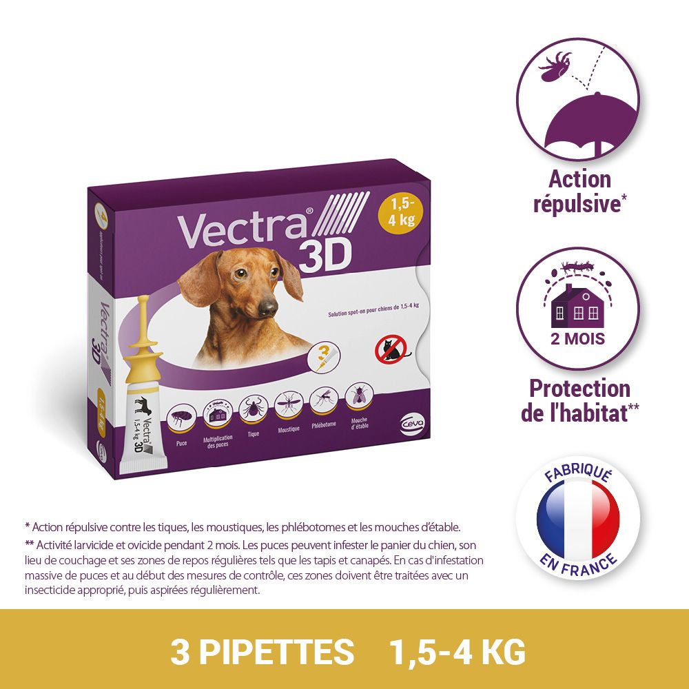 Boîte Vectra® 3D. 3 pipettes pour chiens 1,5-4 kg. Protection contre tiques, moustiques, puces. Fabriqué en France.