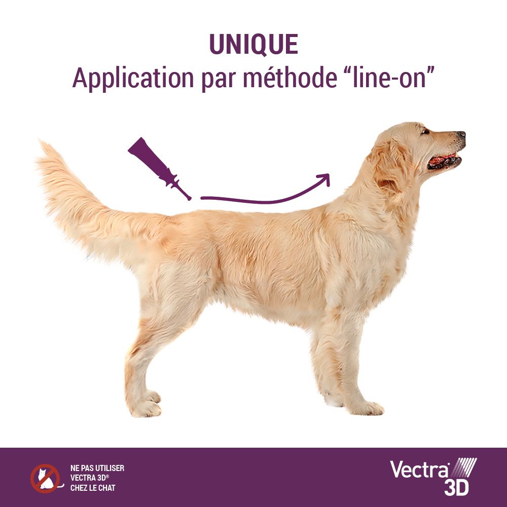 Chien de profil. Application par méthode « line-on ». Vectra® 3D. Ne pas utiliser chez le chat.