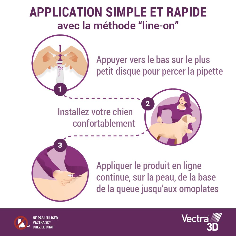 Étapes d'application : 1. Percer la pipette. 2. Positionner le chien. 3. Appliquer. Vectra® 3D.